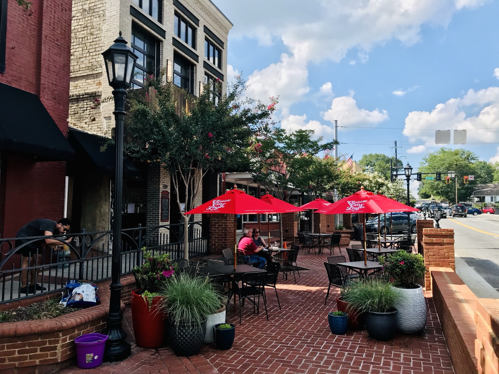 Local Republic facade with red-umbrella street patio
